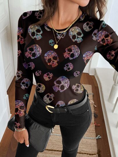 SHEIN LUNE Skull Halloween Goblin Print Crew Neck Vintage Print Mesh Fabric Casual Commute Elegant Streetwear Autumn/Winter Fitted Women's Top