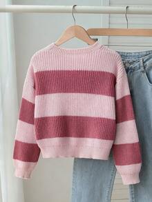 SHEIN 女童針織毛衣，青少年女孩圓領卡其色與咖啡色條紋套頭毛衣，設計感針織毛衣，柔軟針織，簡約內搭層，適合秋冬，休閒長袖上衣，適用於外出、派對、拍照與玩耍 - 彩色 - 查看 2