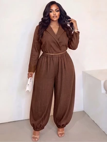 Poshavie Poshavie Plus Size Blazer Collar Wrap Long Sleeve Top & Elastic Waist Cuffed Pants Casual 2 Pieces Set - Coffee Brown - View 5
