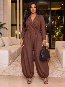 Poshavie Poshavie Plus Size Blazer Collar Wrap Long Sleeve Top & Elastic Waist Cuffed Pants Casual 2 Pieces Set - Coffee Brown - View 3