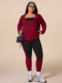 SHEIN Rhythm Era طقم رياضي شتوي مقاس كبير تي شيرت بغطاء رأس وسروال ضيق بألوان متباينة - متعدد الألوان - مشاهدة 7