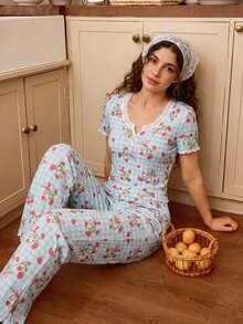 Tulorae Romantic Pastoral Print Lace Trim Short Sleeve Long Pants Women's Pajama Set - Multicolor - View 3