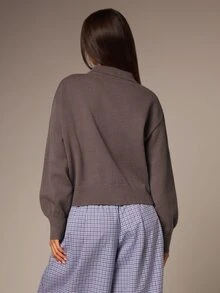 Athîral Women's Casual Button Half-Placket Polo Collar Sweater - Coffee Brown - View 2