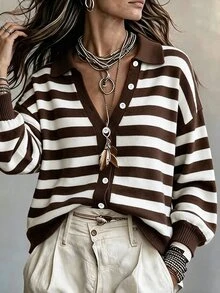 Linhara CURVE Plus Size Women's Striped Drop Shoulder Long Sleeve Single-Breasted Casual Knit Cardigan - Multicolor - View 1