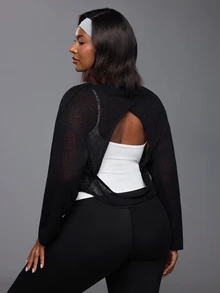 Voyena Women's Plus Size Solid Color Round Neck Drop Shoulder Long Sleeve Casual Fitness Sports T-Shirt - Black - View 2