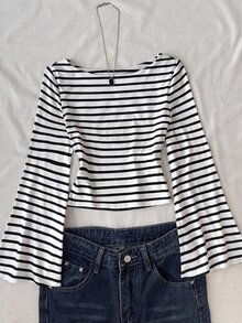 SHEIN 青少年女孩藍色與白色條紋長袖針織T恤童裝 - 黑色 - 查看 6