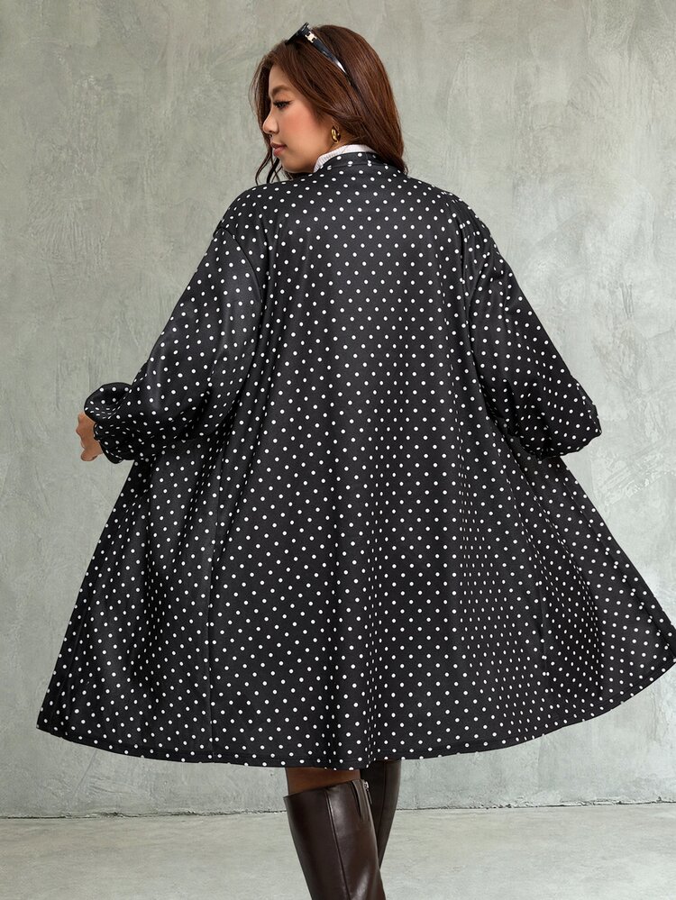 SHEIN LUNE Plus Size Women's Autumn/Winter Long Sleeve Polka Dot Mid-Length Soft Comfortable Casual Daily Wear Jacket - Black and White - View 2
