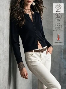Omancia Women's Autumn/Winter Round Neck Button-Down Knitted Long Sleeve Slim Fit Cropped Black Sweater Cardigan Top - Black - View 3