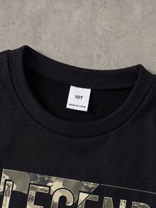 Boys (Big) Sweatshirt Set, Black Sweatshirt With Camouflage Texture "LEGEND" Letter Print On Chest, Ribbed Cuffs And Hem, Matching Camouflage Jogger Pants With Ribbed Cuffs - Multicolor - View 3