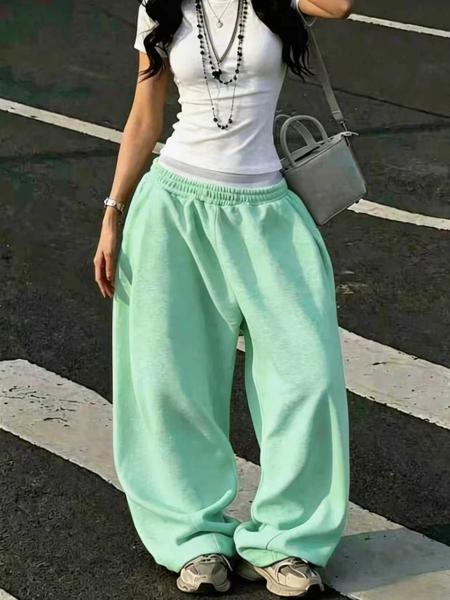 SuriyaCove 女款寬鬆寬腿純色鬆緊腰休閒運動長褲 - 綠色 - 查看 1