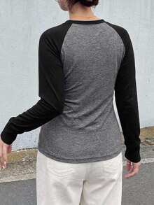 Dazy Plus Contrast Color Patchwork Slim Fit Street Casual Short Length Long Sleeve Spring Autumn T-Shirt - Dark Grey - View 2