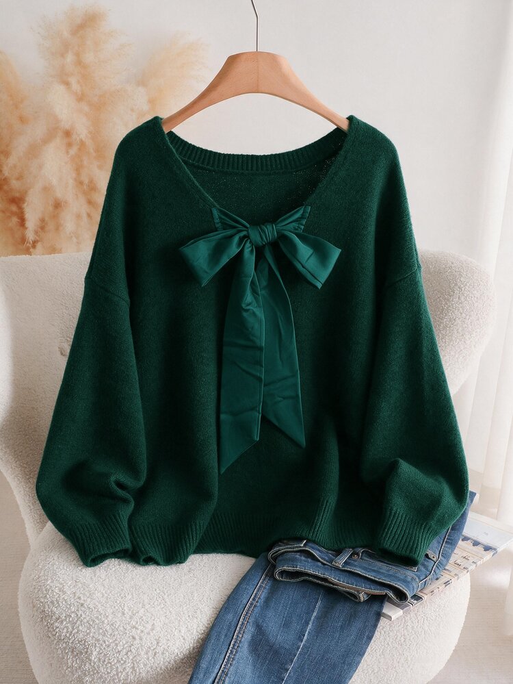 CosyJoli Plus Size Casual V-Neck Bowknot Tie Back Loose Pullover Sweater In Fall/Winter Casual Mother's Day - Dark Green - View 8