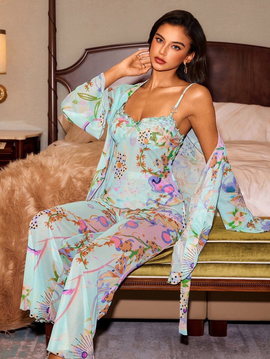 Slumberist Sweet Floral Frill Trim Camisole Set With Waist Tie, Long Sleeve Robe And Wide Leg Pants, 3 Pieces Loungewear - Green - View 1