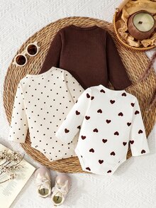 SHEIN Playful Pals 新生兒側扣全開式易穿脫軟羅紋布料簡約愛心波點滿版印花百搭長袖連身衣 - 彩色 - 查看 2