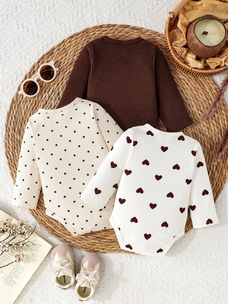 SHEIN Playful Pals Newborn Side Snap Full Opening Easy On/Off Soft Ribbed Fabric Minimalist Heart & Polka Dot All-Over Print Versatile Long Sleeve Romper - Multicolor - View 2