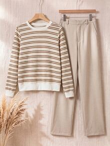 Miaspire Middle-Aged Women Striped Crew Neck Long Sleeve Top And Pants Casual Set - Apricot - View 1