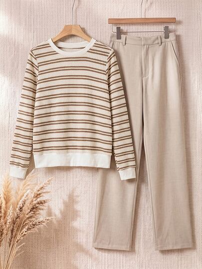 Miaspire Middle-Aged Women Striped Crew Neck Long Sleeve Top And Pants Casual Set