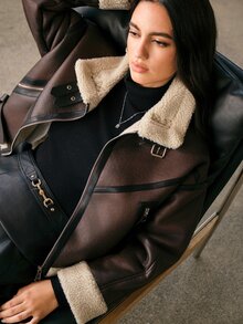 Anewsta Women's Elegant Zipper Long Sleeve Faux Fur Thickened Jacket - Black - View 7