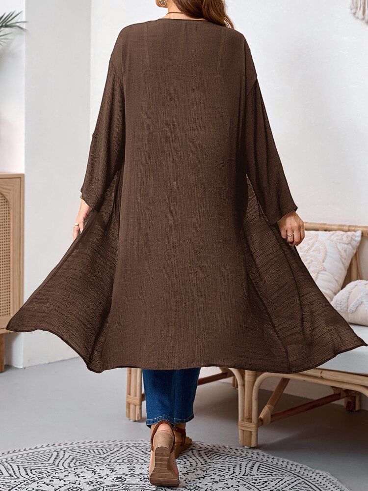 SHEIN Tall CURVE Plus Size Women Winter Fall Office Holiday Formal Dinner Wear Going Out Long Duster Coat, Open Front Brown Autumn Business Casual Baggy Elegant - Coffee Brown - View 2