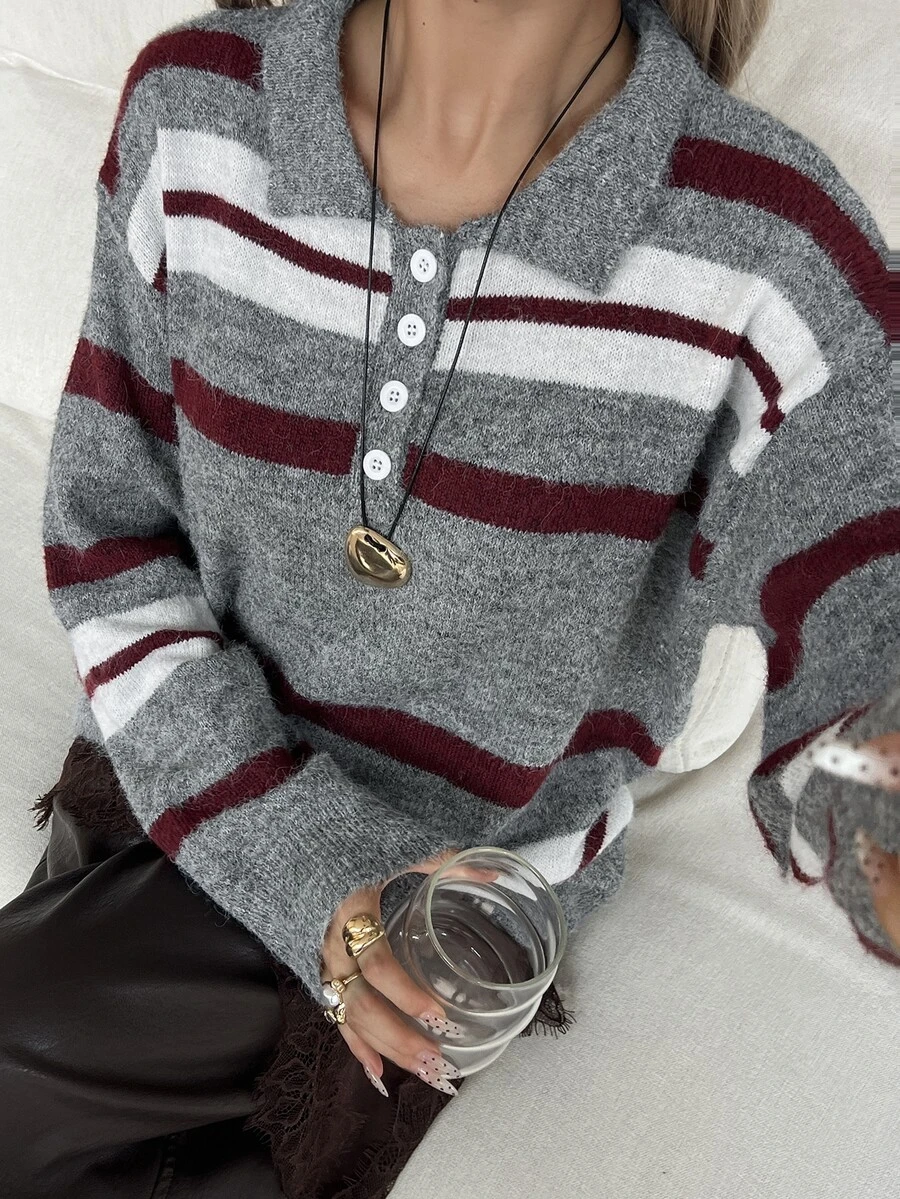 DAZY 女款寬鬆條紋套頭休閒毛衣 冬季 - 灰色 - 查看 1