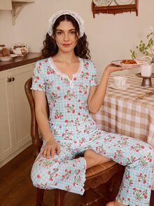Tulorae Romantic Pastoral Print Lace Trim Short Sleeve Long Pants Women's Pajama Set - Multicolor - View 6