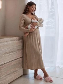 Slowluna Gaun Menyusui Hamil dengan Desain Lipit, Gaya Minimalis untuk Wanita Hamil dan Pasca Melahirkan - Coklat - View 9