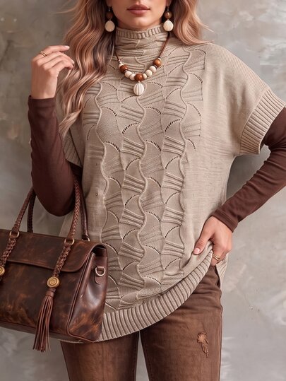 Ceyna Plus Size Women's Fashion Textured Semi-High Neck Khaki Short Sleeve Pullover Sweater, Casual Versatile Everyday Autumn/Winter Top