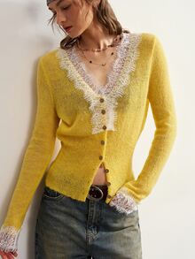 Bohemela Women's Contrast Lace V-Neck Long Sleeve Single-Breasted Knit Cardigan - Yellow - View 5