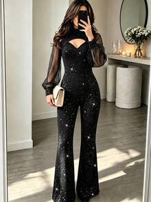 LUMIGAL Women's Autumn Cutout Design Shiny Long Sleeve Elegant Flared Jumpsuit - Black - View 6