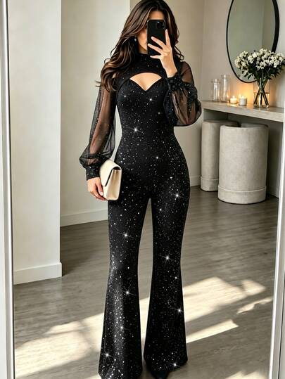 LUMIGAL Women's Autumn Cutout Design Shiny Long Sleeve Elegant Flared Jumpsuit
