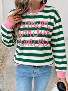 SHEIN LUNE 女款休閒字母條紋拼接色塊運動衫，適合秋冬穿搭 - 白色 - 查看 5