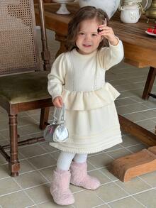 DAZY Infant/Toddler (Girls) Round Neck Ruffle Trim Solid Color Long Sleeve Sweater Dress, Autumn/Winter - Apricot - View 4