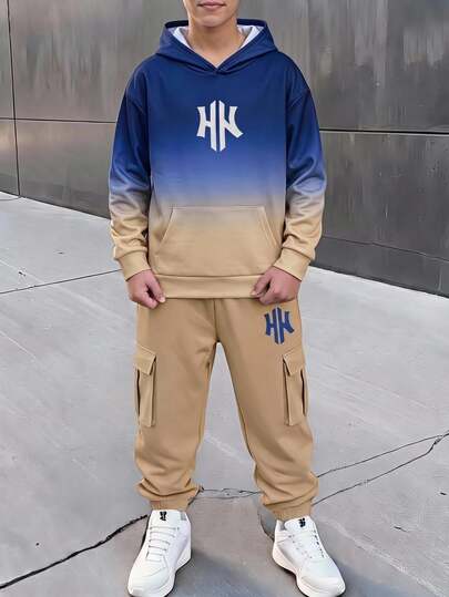 SHEIN Kids Tween Boys Casual Sports Gradient Tie-Dye Hoodie Sweatshirt & Khaki Cargo Jogger Pants Set, Suitable For Fall/Winter, School, Family Gathering, Vacation, Party, FallOutfit, WinterOutfit, Boysoutfit Set