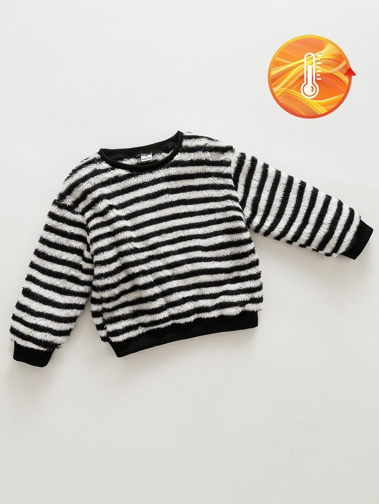 Boys Black & White Striped Thermal Lined Thick Casual Fashion Streetwear Sweatshirt, Suitable For Casual Daily Wear, Street, Campus And Various Occasions, Autumn/Winter Sweatshirt, Boys Autumn/Winter Top - Black - View 3