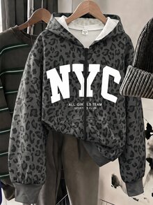SHEIN 少女女孩針織豹紋圖案連帽開襟運動衫 - 黑色 - 查看 2