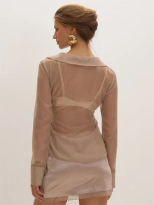 MUSEYN Beige Organza Sheer Tie Shirt Versatile Lounge Everyday Date Night Chic New Season Fall - Khaki - View 4