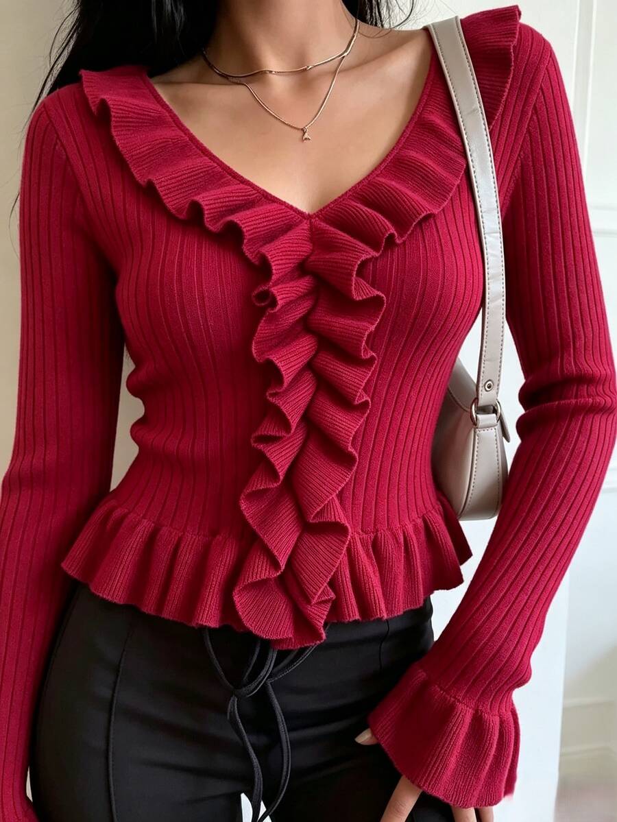 INAWLY Romantic Elegant Versatile Date Going Out Christmas Travel INS Style Knit Cardigan With Ruffle Pleated Hem Dark Red Fall - Burgundy - View 1
