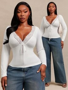 SHEIN SXY White High Elasticity Knit Lace Patchwork V-Neck Bow Decor Long Sleeve T-Shirt Fall - White - View 2