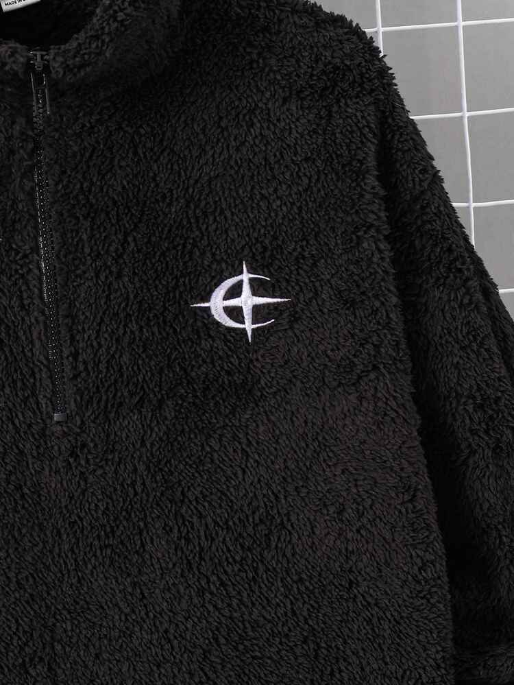 SHEIN Teen Boys Casual Black Fleece Fabric Embroidered Small Logo Half-Zip Stand Collar Sweatshirt, Comfortable Fabric, Suitable For Autumn/Winter, School, Family Gathering, Back To School, Birthday Party, Photography, Vacation, Holiday, Sporty Style, Comfortable, Wearable - Black - View 4