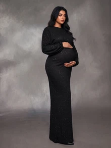 Cheriluna Maternity فستان أسود من قماش منسوج بمقاس كبير للحوامل، أنيق بأكمام فانوس وياقة دائرية وقصة ضيقة مع ذيل سمكة - الأسود - مشاهدة 5
