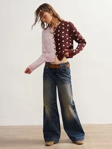 Bohemela Women's Patchwork Polka Dot Long Sleeve Single-Breasted Knit Cardigan - Pink - View 6