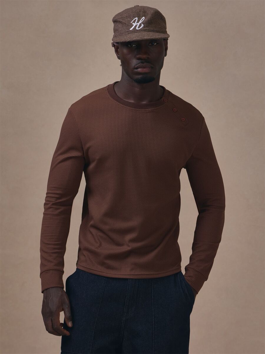 Musero Asymetric Long Sleeve Waffle Top Crew Neckline Autum Winter Essentials - Brown - View 1