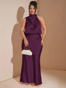 SHEIN BAE 大尺碼優雅百褶緞面魚尾裙襬晚禮服聖誕節 - 紫色 - 查看 3
