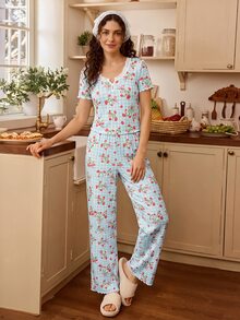 Tulorae Romantic Pastoral Print Lace Trim Short Sleeve Long Pants Women's Pajama Set - Multicolor - View 4