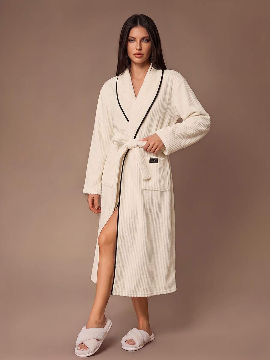 Lazeform Ribbed Plush INS Casual Contrast Trim Beige Long Sleeve Lapel Pocket Black Patch Decor Women's Robe - Beige - View 1