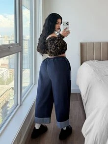 EMERY ROSE بنطال جينز قصير ضيق غير مطاطي للنساء ذوات الأحجام الكبيرة، ملابس كاوبوي للنساء - أزرق داكن - مشاهدة 2