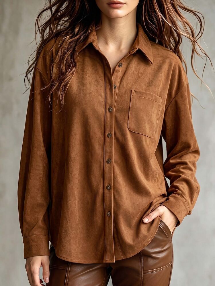 Linhara CURVE Plus Size Women Solid Color Casual Versatile Daily Wear Shirt - Brown - View 3