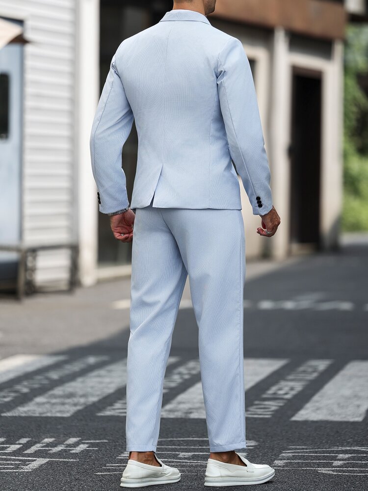 Manfinity Mode Men's Casual Business Suit Set, Made Of Plaid Fabric, Suitable For Daily Commuting, Relaxed Work Environment Or Semi-Formal Occasions, Also An Ideal Gift For Boyfriend And Husband - Blue - View 2