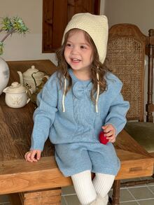 DAZY Baby Girl Bow Decor Long Sleeve Cable Knit Sweater And Knitted Shorts Casual Set - Blue - View 6