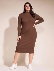 SHEIN BASICS Plus Size Women Solid Color Stand Collar Long Sleeve Slim Fit Elegant Knit Dress - Coffee Brown - View 6